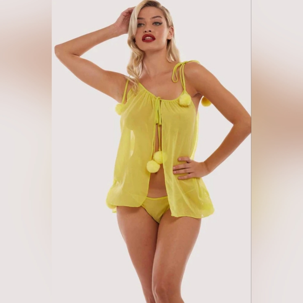 NIP Set of 2- Bettie Page Pom Pom Chemise & Brief Chartreuse Womens US Sizes 14